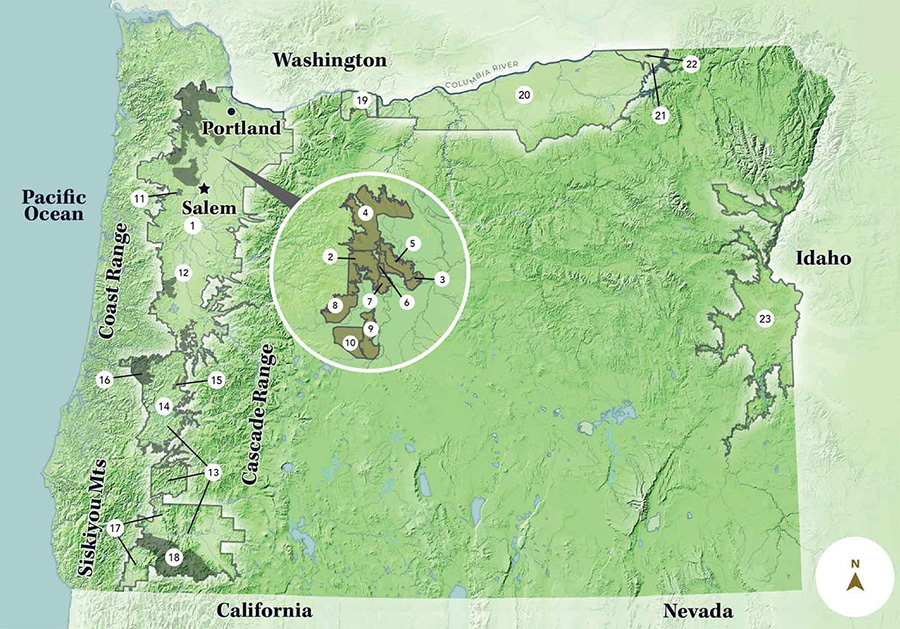 オレゴン州のAVA地図